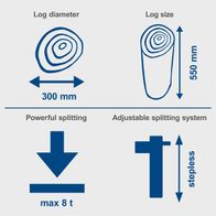 Log splitter showing diameter 300 mm and size 550 mm, powerful and adjustable splitting system