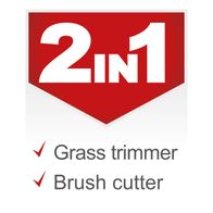 Logo and feature icons for a 2-in-1 tool showing grass trimmer and brush cutter capabilities