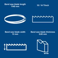 Band saw blade measuring 1140 mm in length, 13 mm wide, and 0.65 mm thick with 10/14 TPI