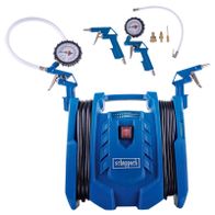 Scheppach air compressor set with air pistol, adapters, and pressure gauges