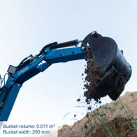 Scheppach mini excavator bucket showing dimensions: 0.011 m³ capacity, 290 mm width