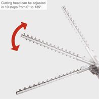Adjustable cutting head for hedge trimmer with 10 position settings from 0° to 135°
