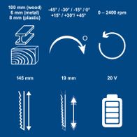 Key technical details: cutting depth, angle range, material thickness, and battery voltage for the tool