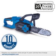 Scheppach cordless chainsaw featuring 10-year warranty, ProCut system, and 20V battery platform