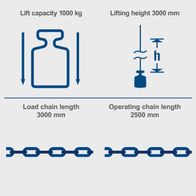 Scheppach CB01 Chain Hoist: 1000 kg lifting capacity, 3000 mm lift height with chain lengths illustrated