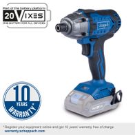 Scheppach cordless impact driver featuring 20V system, 10-year warranty, 20VX battery compatible with other tools