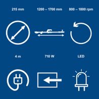 Key technical specifications: rotational range, length, power output, and LED indicator