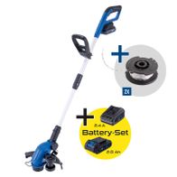 2-in-1 Cordless grass trimmer set with two cutting heads and 2.0Ah/2.4Ah batteries