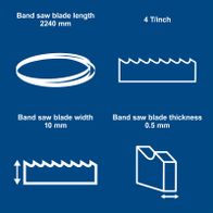 Band saw blade measuring 2240 mm in length, 10 mm wide, 0.5 mm thick, with 4 teeth per inch