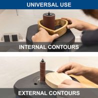 Oscillating spindle sander showing universal and internal contour features for woodworking