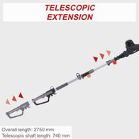 Electric telescopic hedge trimmer with extendable handle (overall length 2750 mm, telescopic shaft 740 mm)