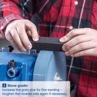 Scheppach stone grader showing fine sanding grain adjustment and reverse side roughening instructions