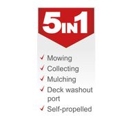 Self-propelled petrol lawn mower with washout deck and mulching feature