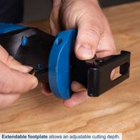 Adjustable cutting depth via extendable footplate on Scheppach cordless reciprocating saw