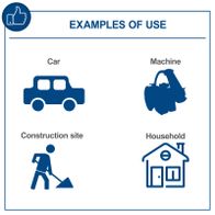 Examples of use: machines, cars, construction site, household settings