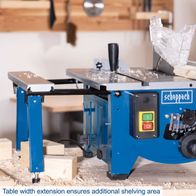 Scheppach table saw with extendable table for additional working area and shelving space
