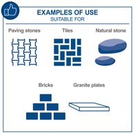 Examples of stone and tile materials: paving stones, tiles, natural stone, bricks, and granite slabs with typical shapes and layouts.