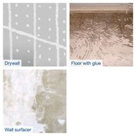 Smooth drywall surface; floor with adhesive residue; wall surface with sanding marks and minor finish residue