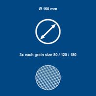 Scheppach sanding paper set, 150 mm diameter, 3 sizes (80/120/180) for sanding