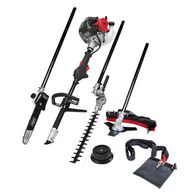 Petrol-powered multi-tool set featuring chainsaw, hedge trimmer, strimmer, and drill with extension handle