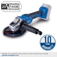 The cordless angle grinder C-AG125-X by Scheppach is part of the 20VIX-system and comes with a 10-year warranty when registered online. It features speed control from 2500-10000 min.