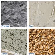 Concrete, filler material, mortar mix and seeds shown for construction purposes
