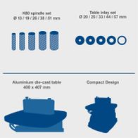 Technical details for oscillating belt and spindle sander set: spindle and inlay diameters