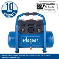 Scheppach air compressor with 10-year warranty, part of the 20Vixes battery platform, one battery for all devices