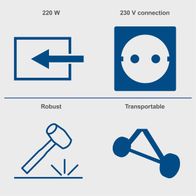 Diagram showing power ratings (220W/230V plug), robust and portable design features for a mixing machine