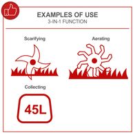 3-in-1 electric scarifier functions: Scarifying, aerating, and collecting with 45L collection box