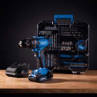 Scheppach tool set featuring drill, tool organizer, and accessory kit for professional use