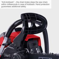 Scheppach petrol chainsaw featuring anti-kickback brake and hand guard for rapid chain stop in case of kickback; safety equipment for work area.