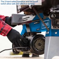 Horizontal log splitter featuring dual-hand operation and on/off safety switch for safe use