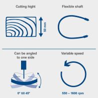 The scroll saw DECO-FLEX features a cutting height of 50 mm, a flexible shaft, a tiltable table up to 45°, and a variable speed of 550 to 1600 RPM.