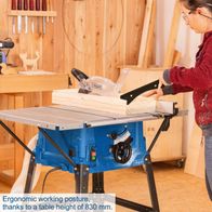 Ergonomic work position with adjustable table height (830 mm) for table saw