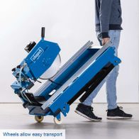 Stone and tile cutter with wheels for easy transport and handling