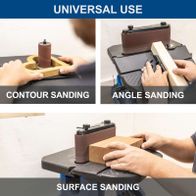 Scheppach oscillating tool showing contour, belt, and spindle sanding techniques