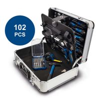 TB150 tool kit case containing 102-piece set with screwdriver set, measuring tape, pliers, and drills