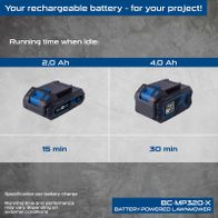 Battery runtime display for BC-MP320-X lawnmower showing 15 min for 2.0Ah and 30 min for 4.0Ah batteries per charge