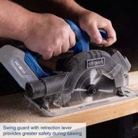 Scheppach cordless circular saw featuring a swing guard with retraction lever for enhanced safety during cutting
