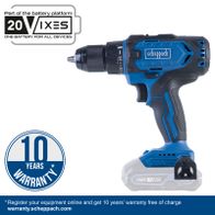 Scheppach tool featuring a 10-year warranty and 20V battery system for multi-device compatibility