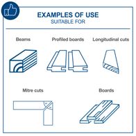 Examples of cut types for table saw: Crosscuts, longitudinal cuts, mitre cuts, and profiled board cuts