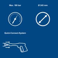 Scheppach Quick-Connect system featuring max pressure resistance of 180 bar and a diameter of 245 mm