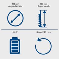 Cordless auger featuring 800 mm drill length, 100 mm bit, 20V, 125 RPM, with battery and charger