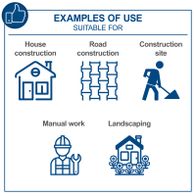 Examples of application areas for Scheppach tools: house construction, roadwork, site manual labor, soil compaction, landscaping, and general construction tasks.