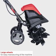 Motor tiller with large wheels for easy maneuvering