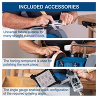 Set featuring a universal fixture for various straight tools, honing compound for polishing, and angle gauge for quick grinding angle adjustment