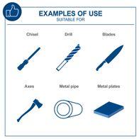 Examples of tools and their typical uses: Chisel, drill bit, blades, axe, metal pipe, metal plate