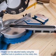 Scheppach sliding mitre saw featuring adjustable bevel angles on a rotary disc for accurate cuts