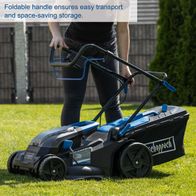 Scheppach battery-powered lawnmower with foldable handle for easy transport and storage